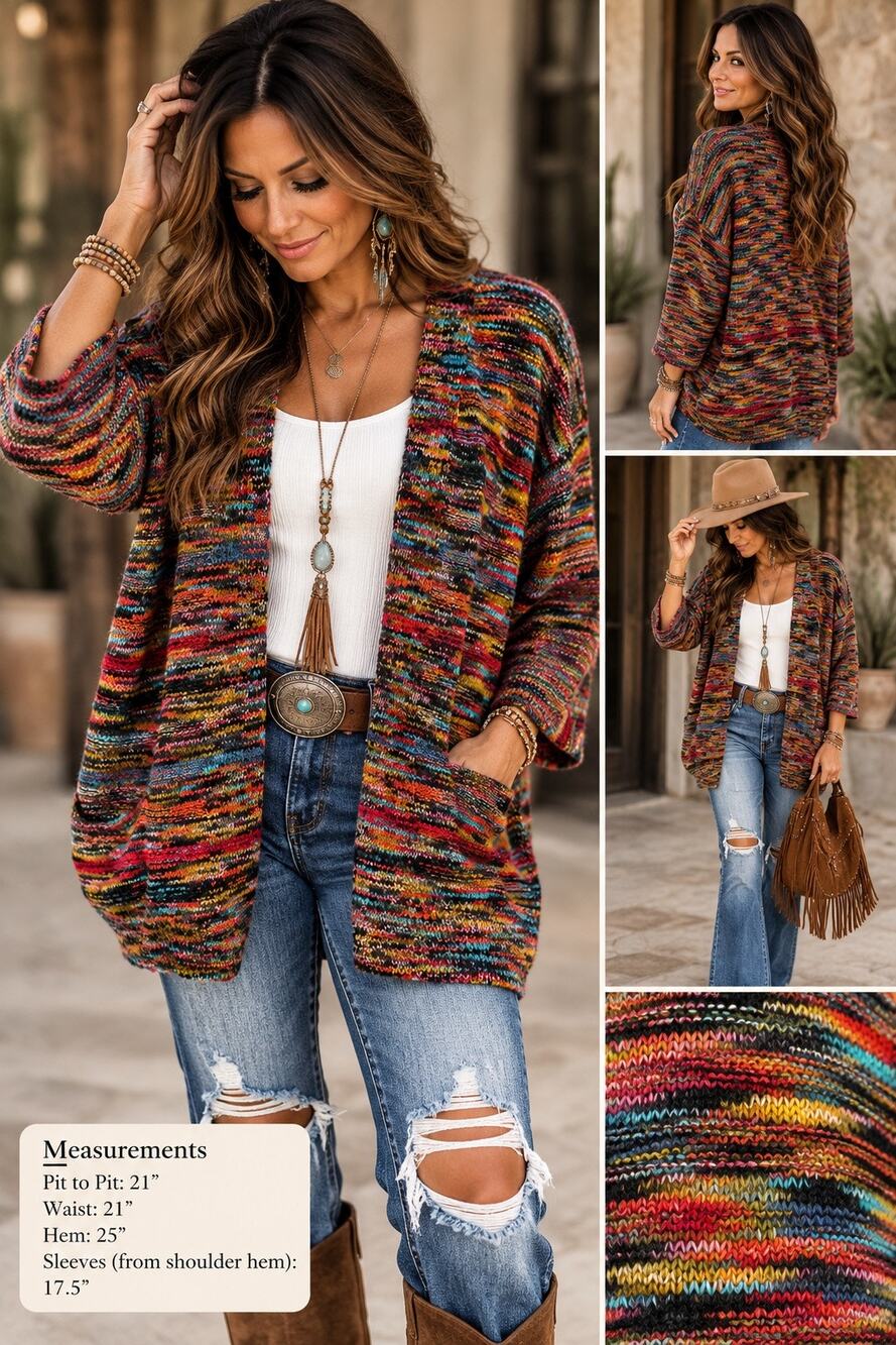 Multicolor Rainbow Space Dye Knit Open Front Cardigan Pockets Boho Sweater
